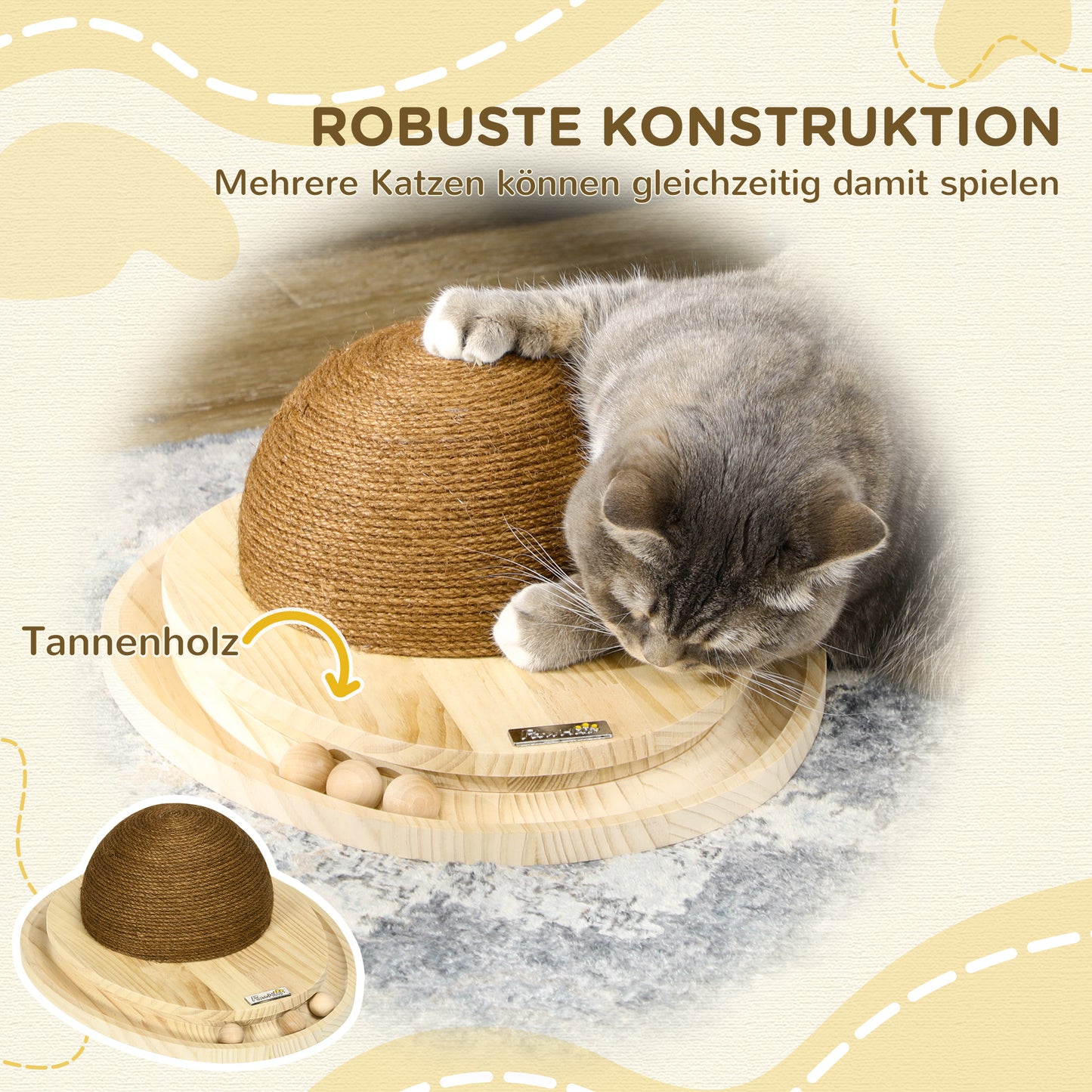 PawHut interaktiva Katzenspielzeug, Kratzfläche, oval Kugelbahn, Kiefernholz, 39,5 x 32,5 x 14,5 cm