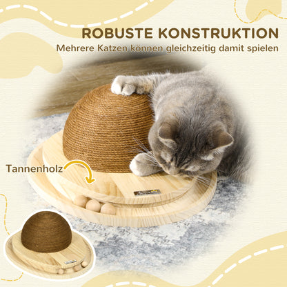 PawHut interaktiva Katzenspielzeug, Kratzfläche, oval Kugelbahn, Kiefernholz, 39,5 x 32,5 x 14,5 cm