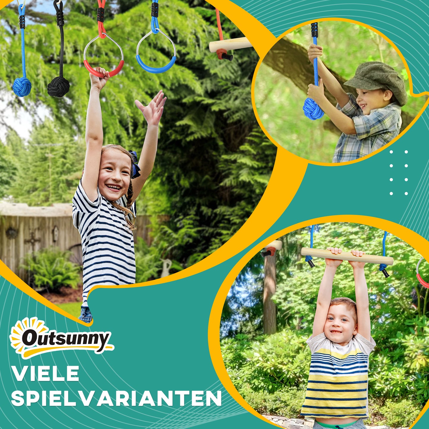 Outsunny Ninja Kletterset, Slackline, 30-teilig, 10 m Seil, für Kinder 3-6 Jahren