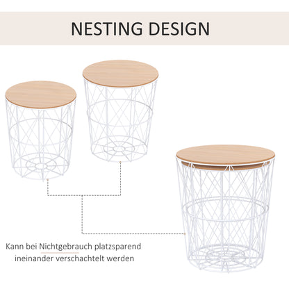 HOMCOM Couchtisch Rund 2er Set stapelbar Wohnzimmertisch Beistelltisch mit abnehmbaren Deckel Satztisch Kaffeetisch mit Metallgestell für Wohnzimmer Natur+Weiß