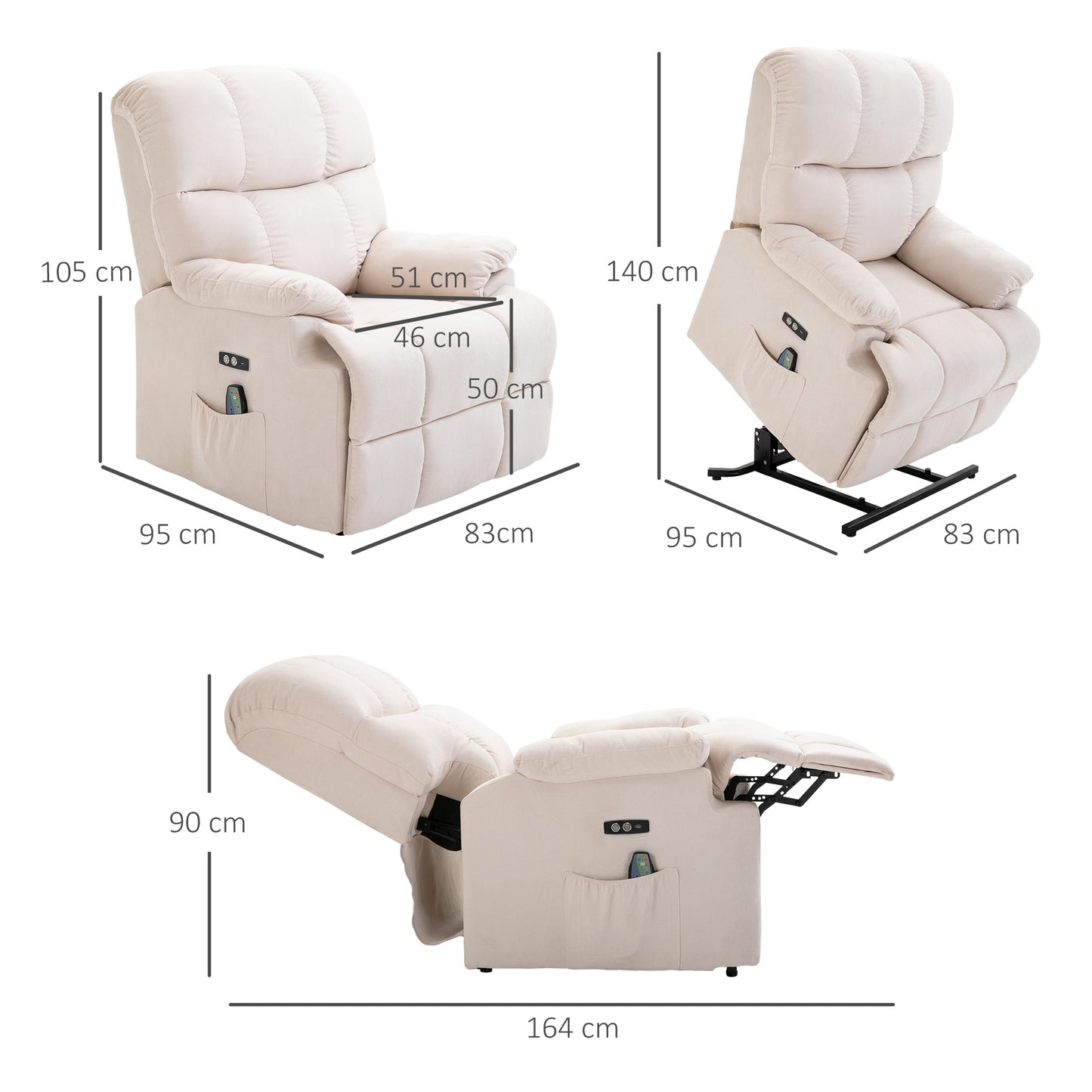 HOMCOM Sessel mit Aufstehhilfe, Massagesessel, Relaxsessel mit USB-Anschluss, Fernsehsessel mit Fernbedienung, Seitentasche, Neigebarer TV-Sessel mit Samtoptik, Beige