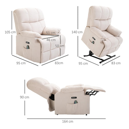 HOMCOM Sessel mit Aufstehhilfe, Massagesessel, Relaxsessel mit USB-Anschluss, Fernsehsessel mit Fernbedienung, Seitentasche, Neigebarer TV-Sessel mit Samtoptik, Beige