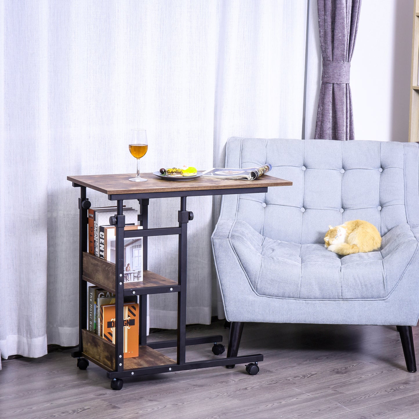 HOMCOM Beistelltisch mit Rollen, höhenverstellbar, kompakt, 2 Ablageböden, Metallrahmen, 80x40x72-82 cm, Braun/Schwarz