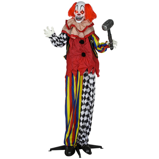 Outsunny Grusel-Clown, Halloween-Animatronik, 173 cm, leuchtende Augen, Geräusch-Aktivierung, bewegliche Arme und Kopf, Batteriebetrieb, Kunststoff, Metall, Rot