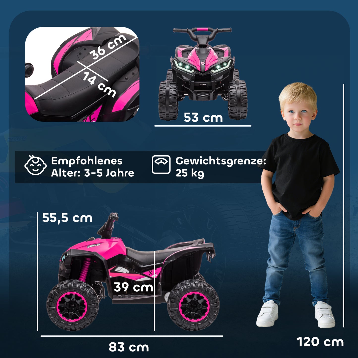 HOMCOM Elektro Kinderquad, 3-6 km/h, Licht/Musik, für 3-5 Jahre, bis 25kg, Rosa/Schwarz