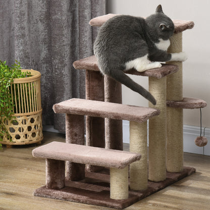 PawHut Haustiertreppe, Kratzbaum, 4-stufig, für Tiere bis 5 kg, 60x40x64cm, Braun