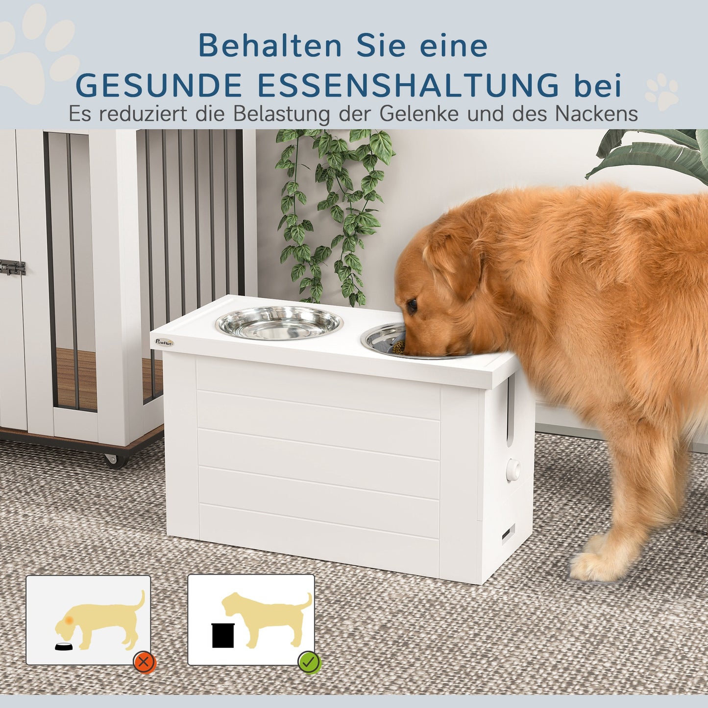 PawHut 2-in-1 Erhöhter Hundenapf Höhenverstellbar Futternapf mit Ständer 2 x 2L Edelstahlnäpfen Weiß