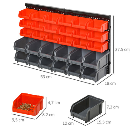 DURHAND Aufbewahrungs-System Wandregal mit Stapelboxen, 30 Boxen, 2 Lochplatten, 37,5 cm x 18 cm x 63 cm, Rot + Grau+ Schwarz