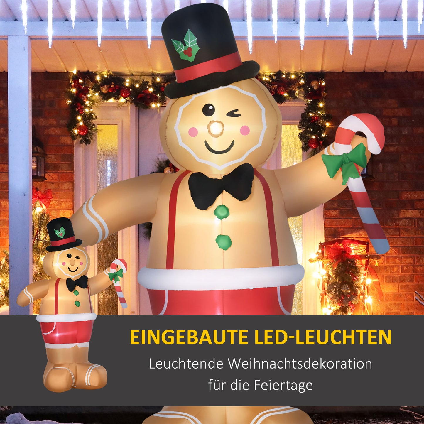 Outsunny Aufblasbare Weihnachtsfiguren Aufblasbarer Lebkuchenmann, 2 m, inkl. Gebläse, Mehrfarbig