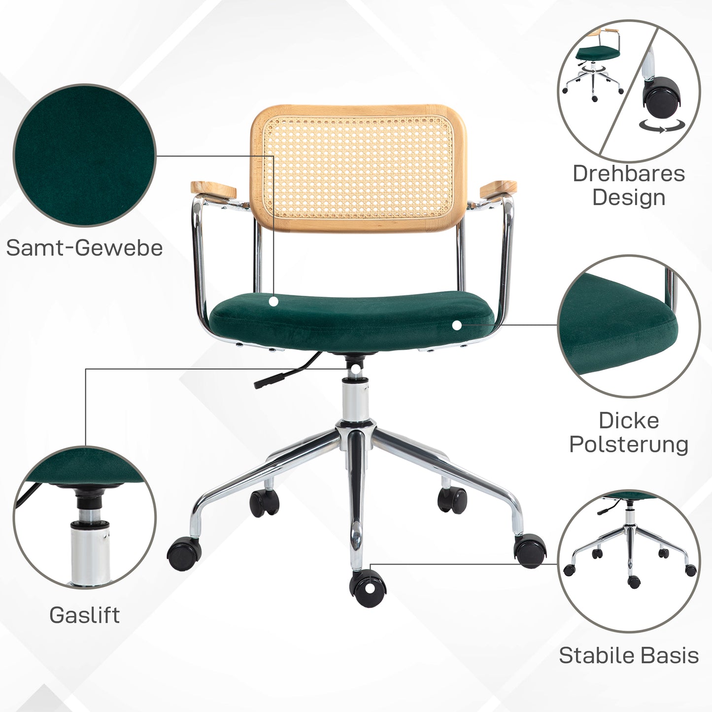 HOMCOM Bürostuhl, Boho-Design, Holzarmlehnen, drehbar, verstellbar, bis 120 kg, Stahl, Grün