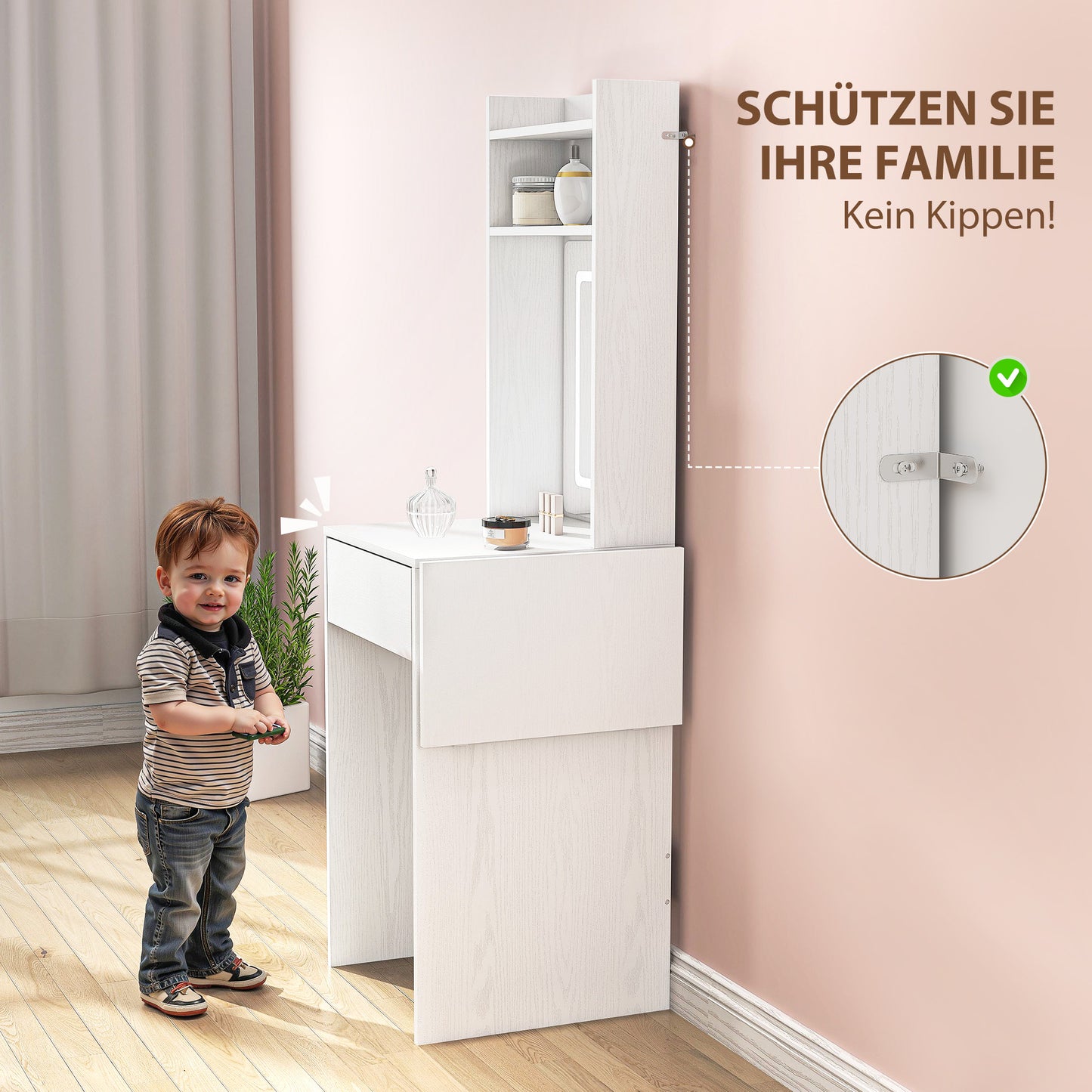 HOMCOM Kompakter Schminktisch mit Spiegel und LED-Beleuchtung, klappbare Tischplatte, offenere Regale, Schublade, MDF, Weiß