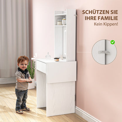 HOMCOM Kompakter Schminktisch mit Spiegel und LED-Beleuchtung, klappbare Tischplatte, offenere Regale, Schublade, MDF, Weiß