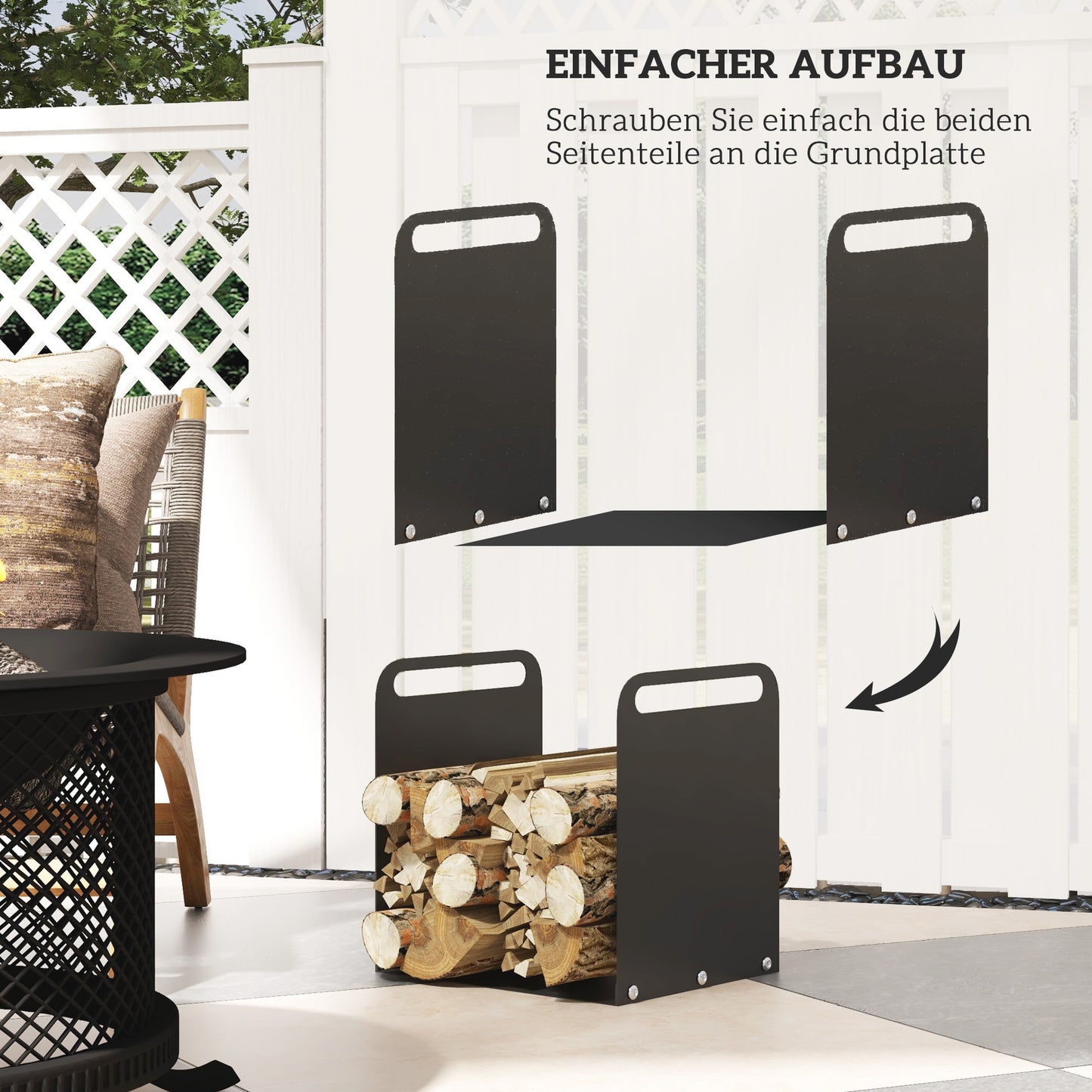 Outsunny Feuerholzgestell, 2 Tragegriffe, Stahlrahmen, bis 30kg, 36x30x36cm, Schwarz