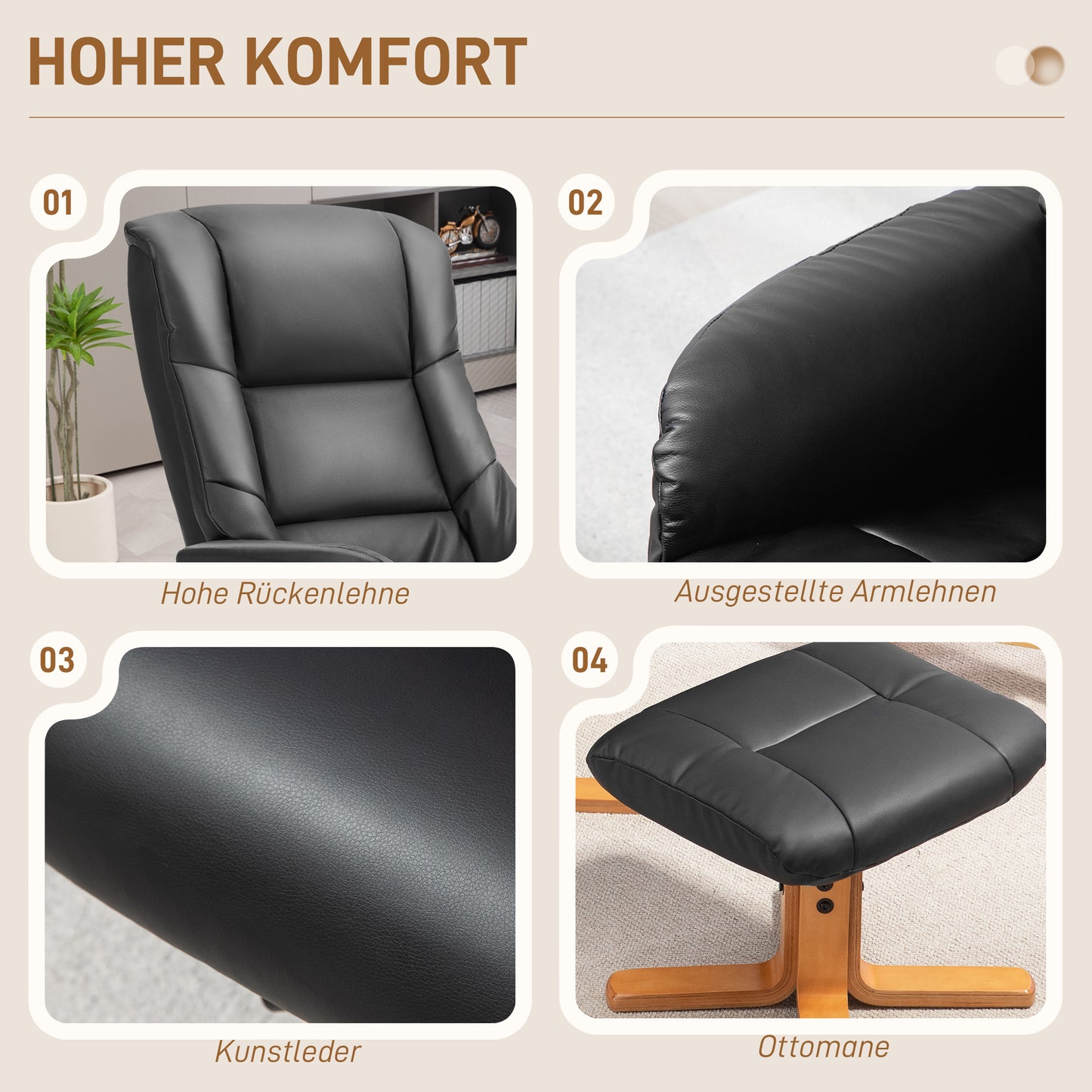 HOMCOM Relaxsessel mit Hocker, Liegefunktion, Kunstlederbezug, bis 150 kg, 71 x 84 x 102 cm, Schwarz