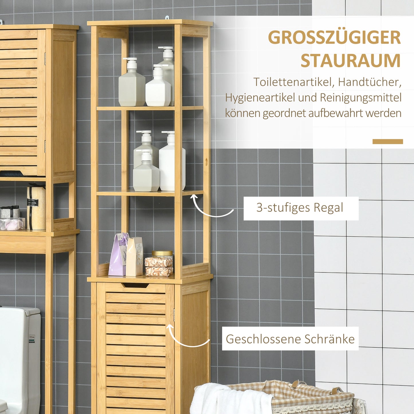 kleankin Badschrank, Hochschrank, drei Regalböden, ein Schrankfach mit Lamellentür, Kippschutz, Bambus, 34 x 30 x 173cm