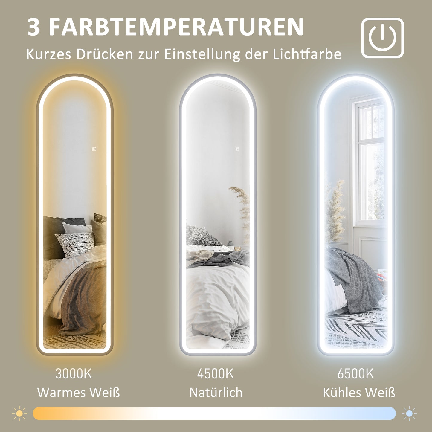 HOMCOM Ganzkörperspiegel, 150 x 40 cm, Freistehender Spiegel mit dimmbaren LED-Lichtern für Wohnzimmer, Schlafzimmer