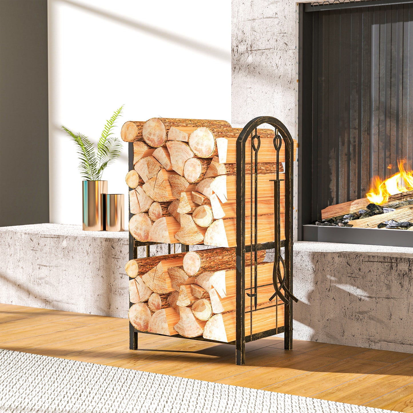 Outsunny Kaminholzregal för inomhus 43 x 30 x 74cm 2 Ebenen Brennholzregal mit 4 Kaminwerkzeug, Haken