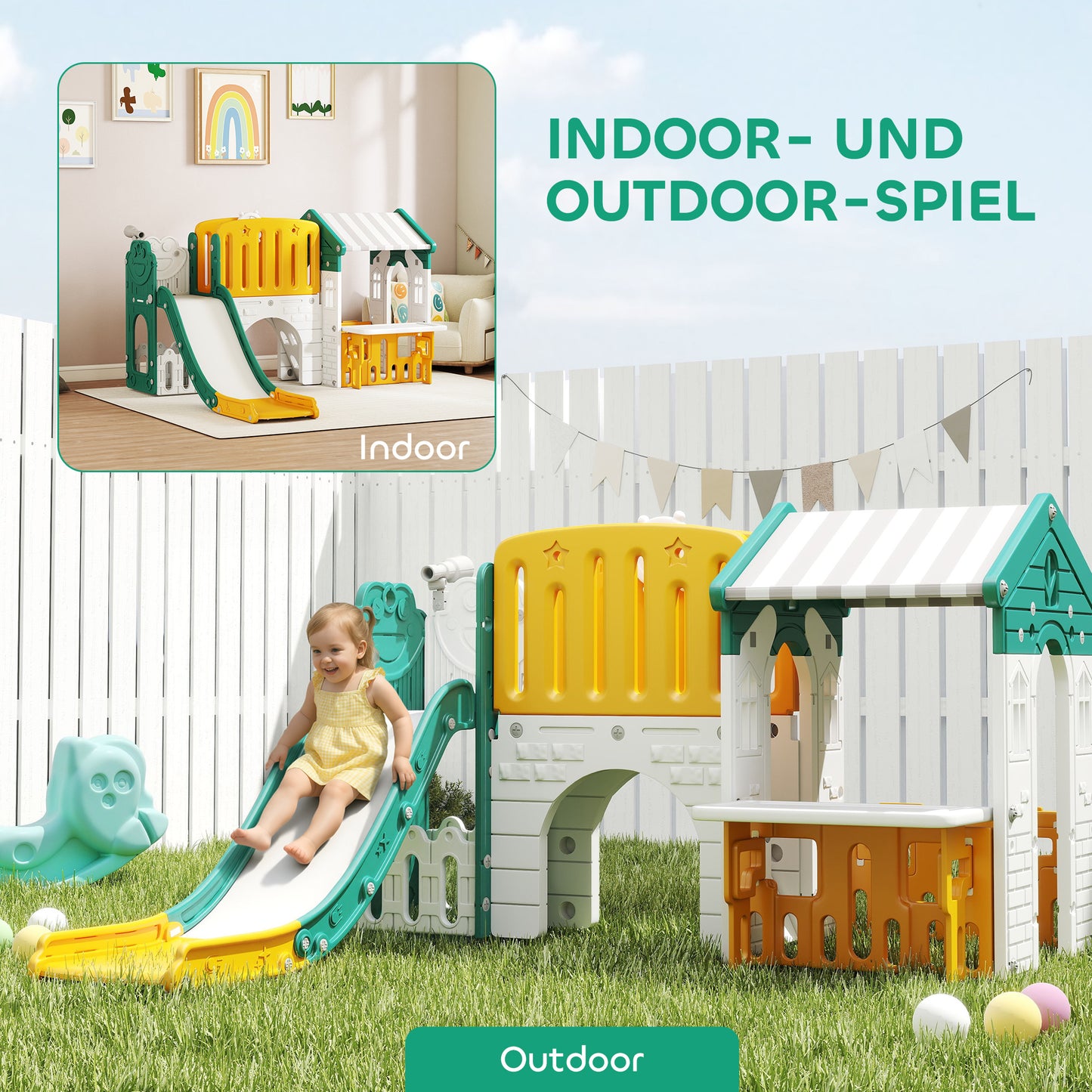 AIYAPLAY 7-in-1 Kinderrutsche, Indoor-Spielplatz, Klettergerüst, Haus, Tafel, Basketballkorb, 1-4 Jahre, Kunststoff, Gelb+Grün