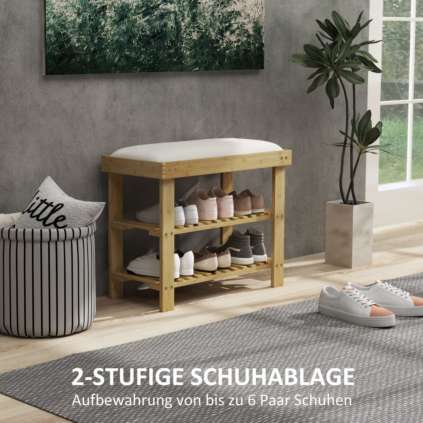 HOMCOM Schuhbank mit Sitzfläche, Bambus Sitzbank mit Staurum, 2 offene Fächer, Sitzbank 60 x 29 x 49 cm Cremeweiß