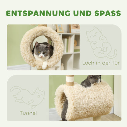 PawHut Katzenbaum im Schaf-Design, mit Kratzpfosten, Tunnel und Spielzeug, 98 cm, Hellbraun