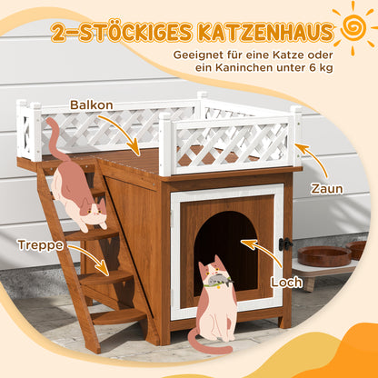 PawHut Katzenhaus, zweistöckig, mit Balkon und Treppe, für drinnen und draußen, für Katzen und Kaninchen, Tannenholz, Braun