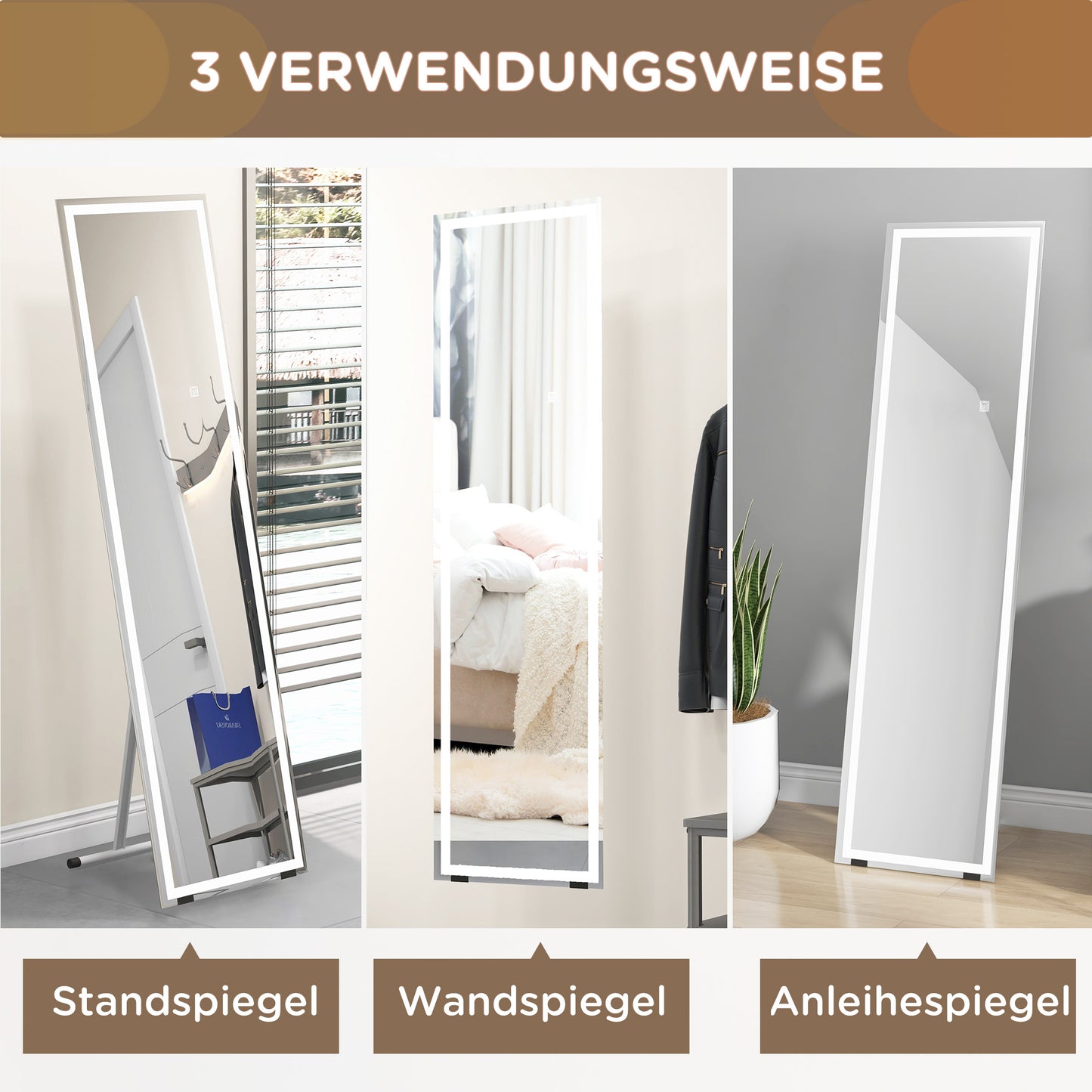 HOMCOM Standspiegel Wandspiegel Ganzköprerspiegel, mit LED´s, 40 cm x 150 cm, Weiß + Silber