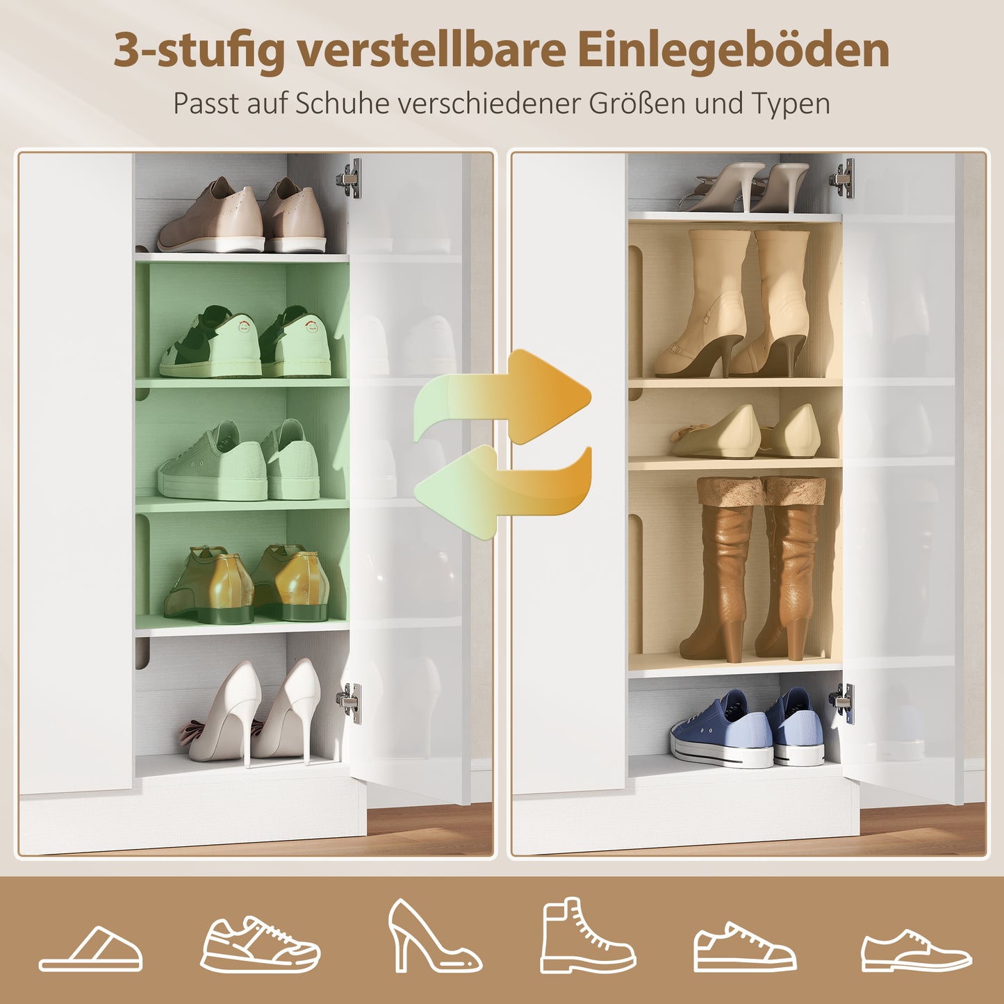 HOMCOM Schuhschrank mit 10 Regalen für 25-30 Schuh-Paare, Lüftungslöcher, Soft-Close-Türen, Holz, Weiß