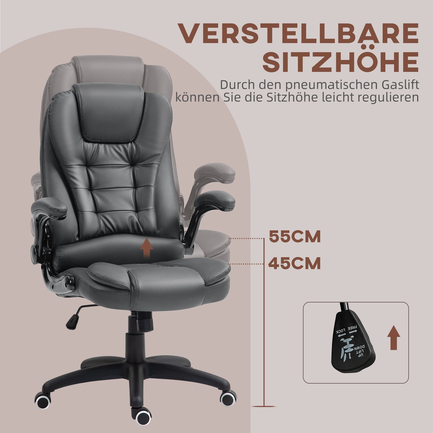 HOMCOM Ergonomischer Bürostuhl, klappbare Armlehnen, Neigefunktion, Dunkelgrau