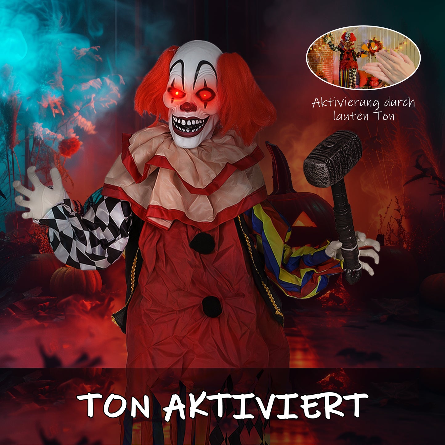Outsunny Grusel-Clown, Halloween-Animatronik, 173 cm, leuchtende Augen, Geräusch-Aktivierung, bewegliche Arme und Kopf, Batteriebetrieb, Kunststoff, Metall, Rot