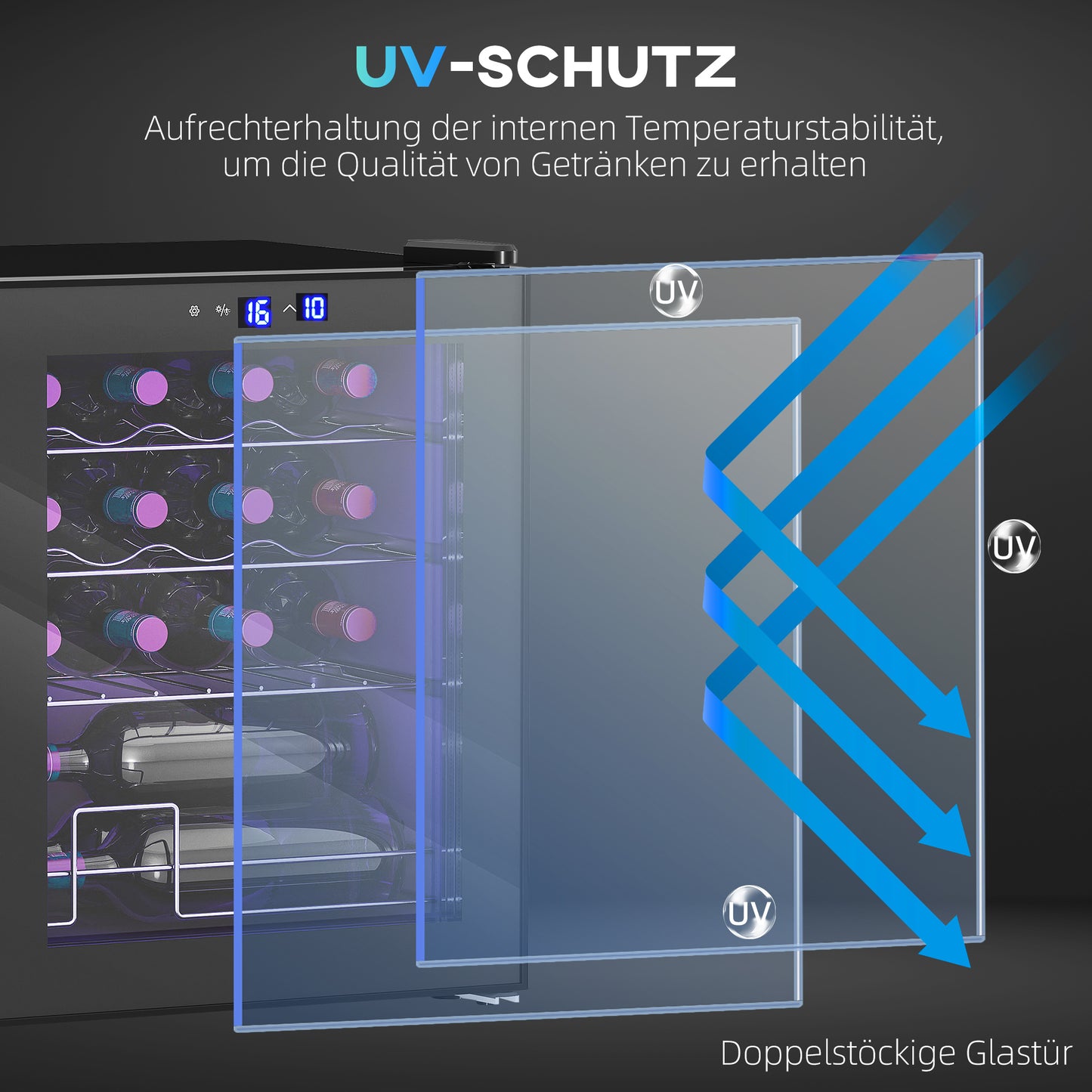 HOMCOM Freistehender Weinkühlschrank, 16 Flaschen, für Hausbar, Wohnzimmer, Küche Touchscreen, Glastür, LED-Beleuchtung