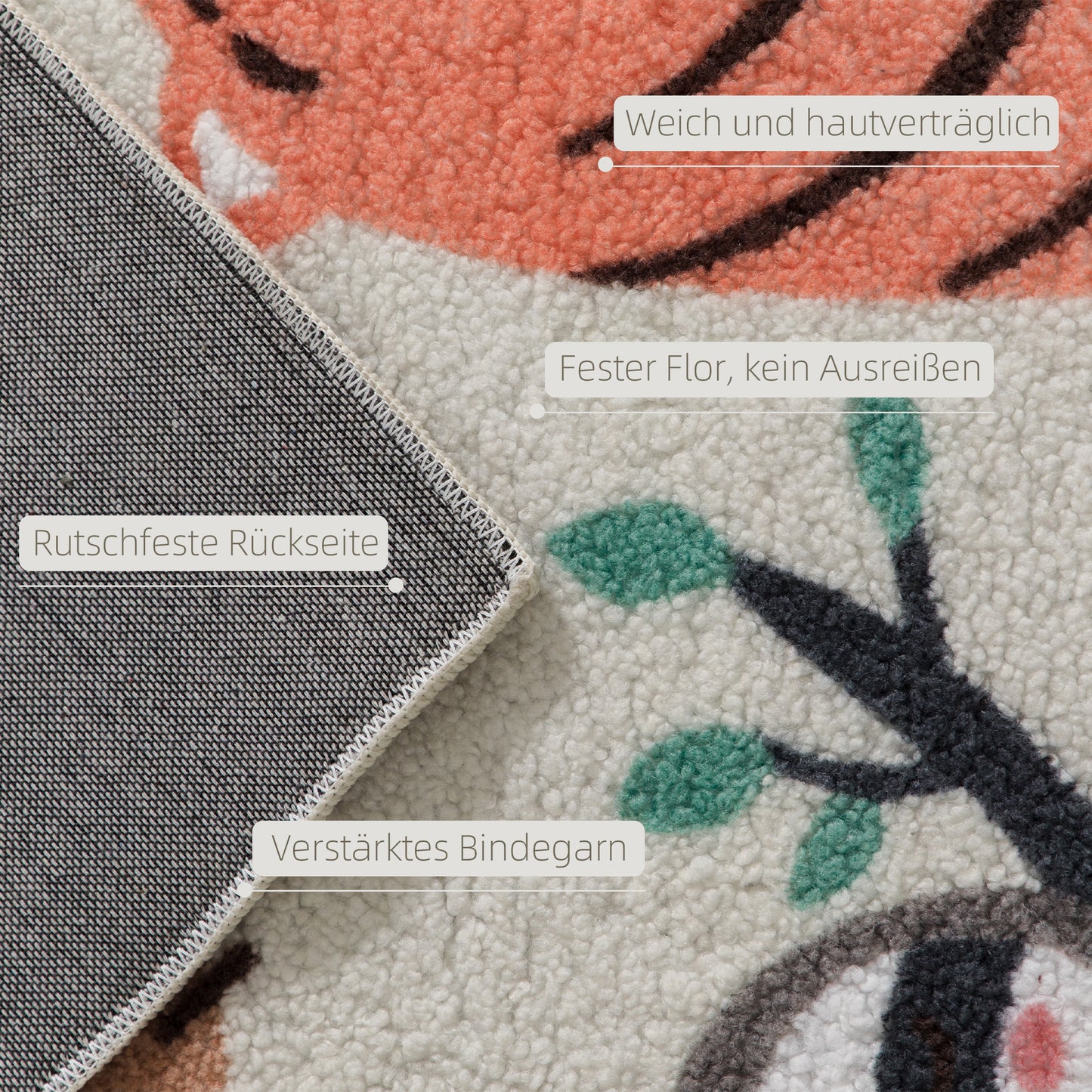 HOMCOM Fleece-Teppich mit Dschungel-Muster, pflegeleicht, Cremeweiß+Bunt