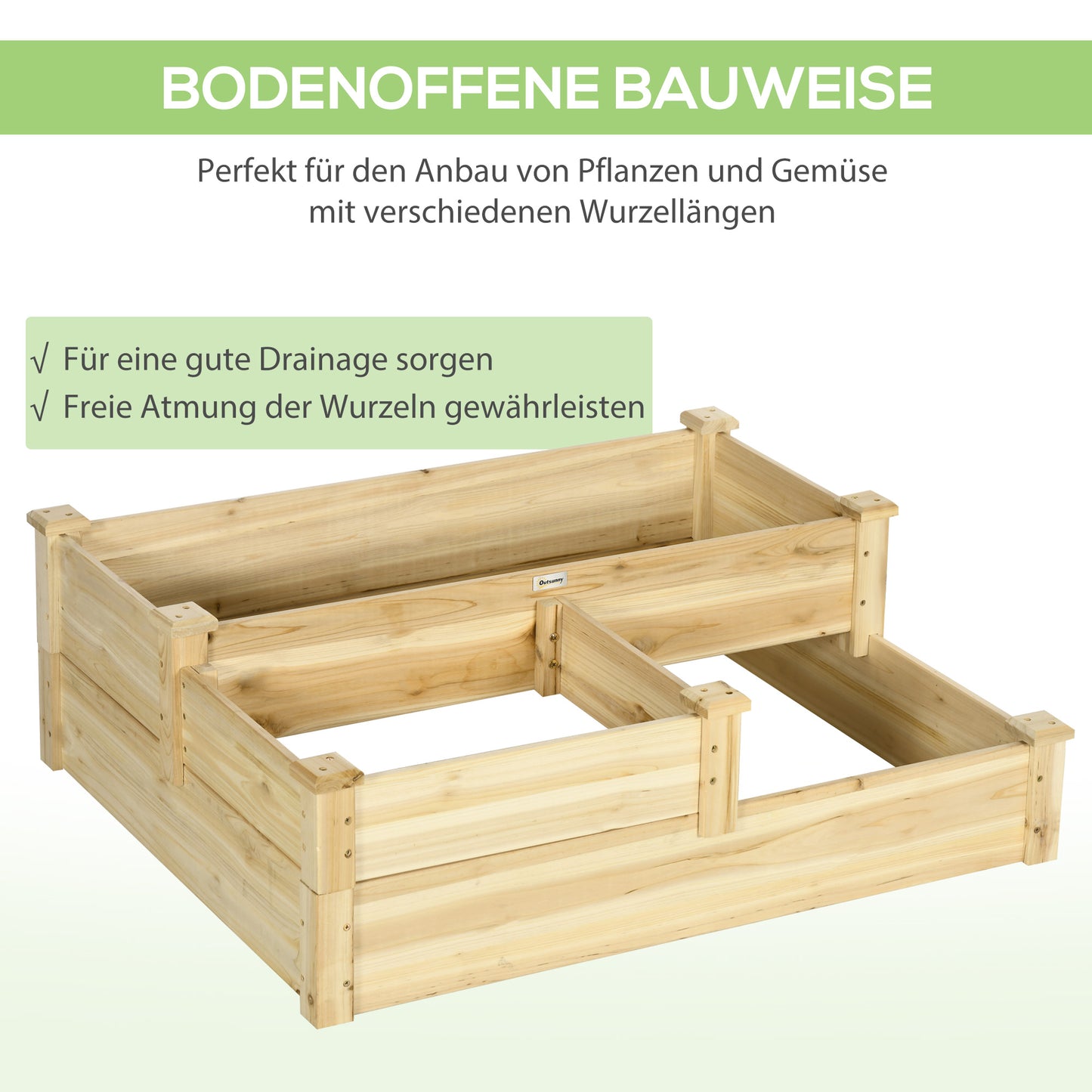 Outsunny Hochbeet mit 3 Pflanzkästen, 3-stufiges Design, offenere Boden, 108 cm x 88 cm x 36 cm, Natur