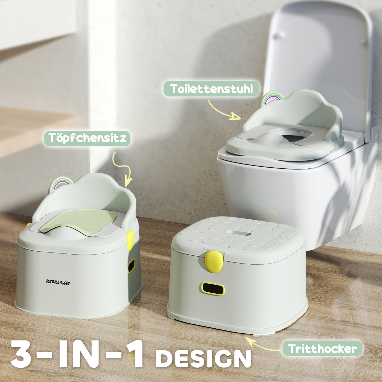 AIYAPLAY Kinder-Töpfchen, 3-in-1, abnehmbarer Aufsatz, Kunstleder-Sitzpolster, max. 50 kg, Grau