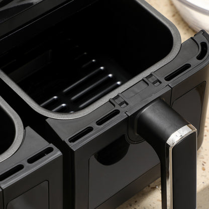 HOMCOM Heißluftfritteuse, 2 Frittierkörbe á 4 Liter, 8 Programme, Licht, Timer, 38,5 x 38 x 30,5 cm, Schwarz