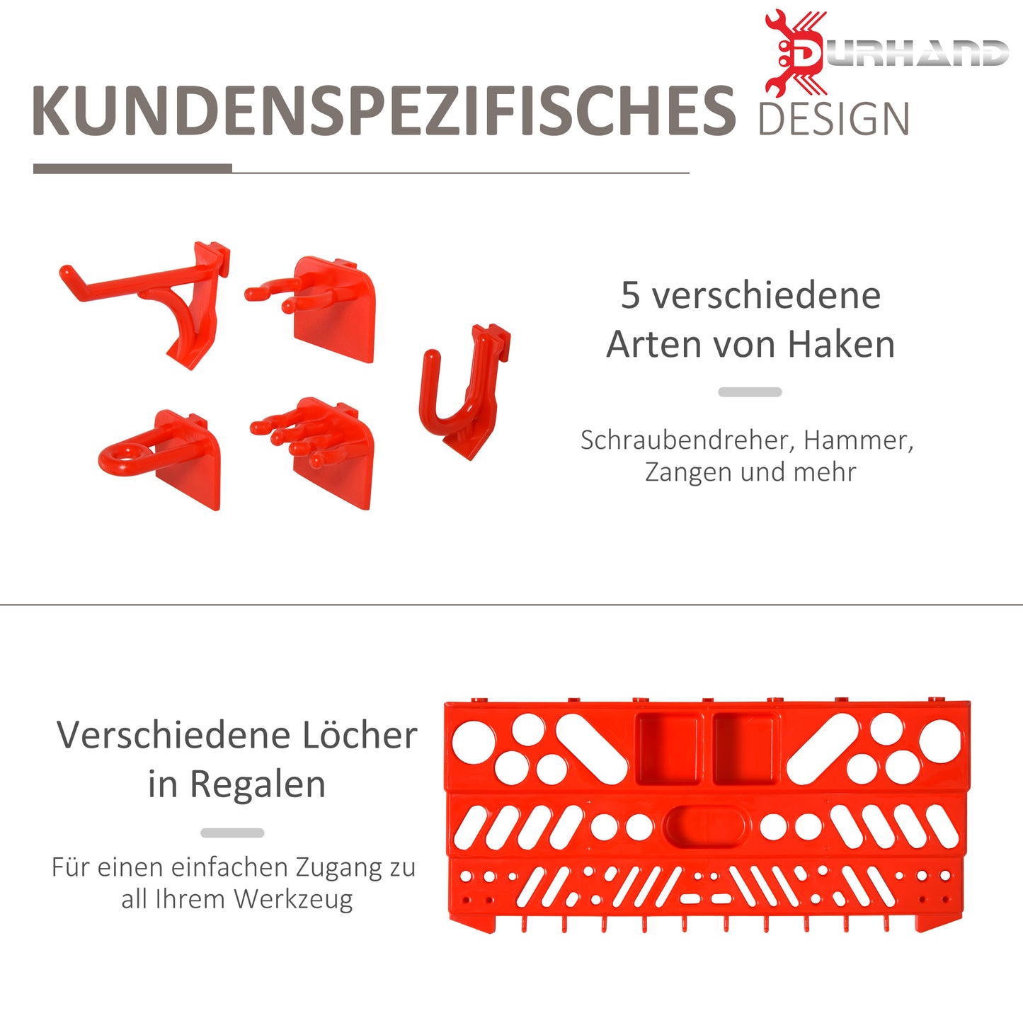 DURHAND Werkzeuglochwand Wandregal 54 tlg Werkzeughalter Werkzeugwand für Werkstatt Sichtlagerkästen Hakenset PP Grau+Rot 95,5 x 23 x 53,5 cm