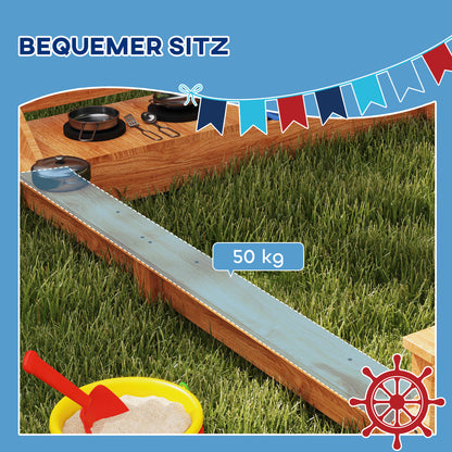 Outsunny Sandkasten mit Sonnendach Piratenschiff, inkl. Barnküchenspielset, Massivholz, 180 x 103 x 144,5 cm, Grön