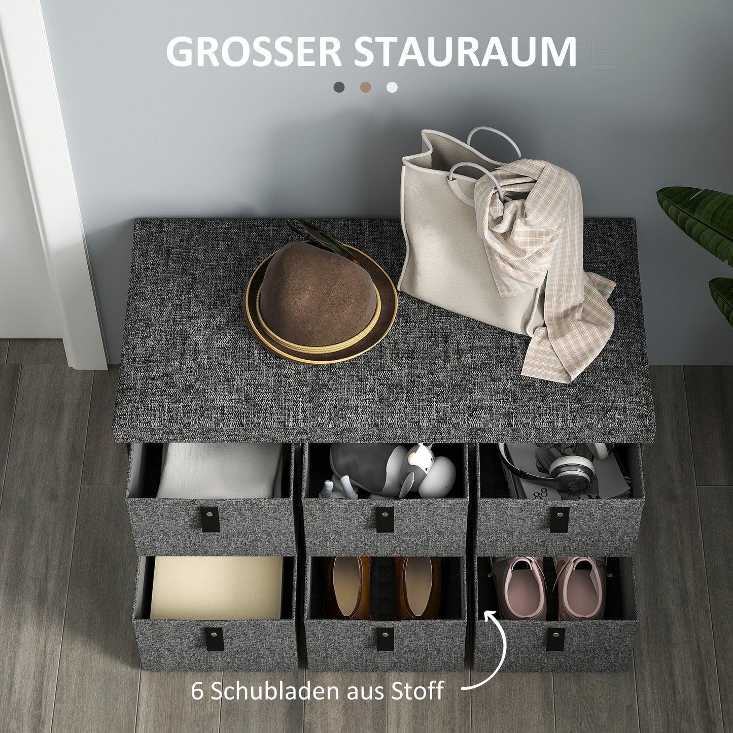 HOMCOM Gepolsterte Schuhbank, 6 Schuhfächer, MDF-Rahmen, Leinenoptik, Grau