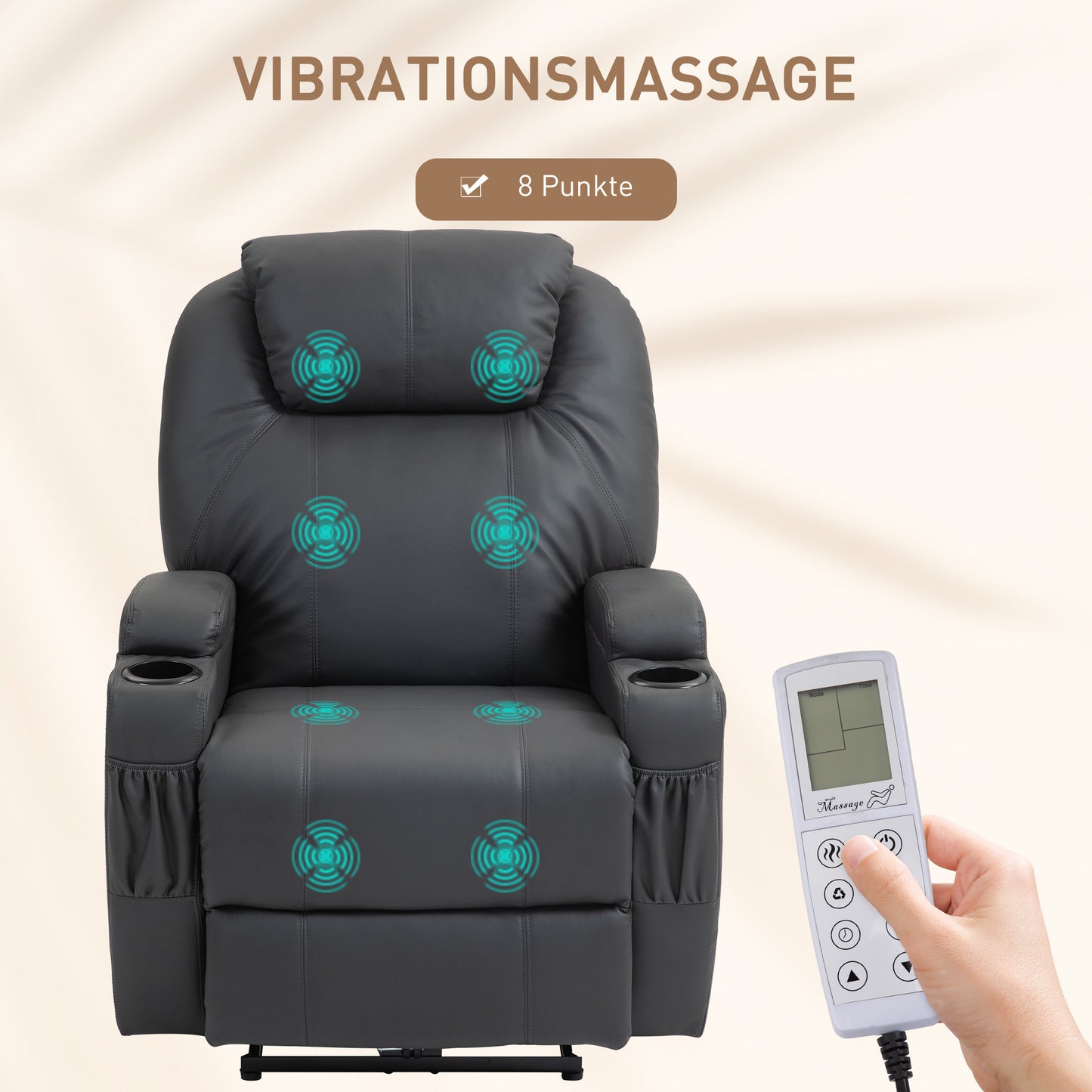HOMCOM Massagesessel, elektrisch verstellbar, 8 Vibrationspunkte, Becherhalter, Kunstleder, Dunkelgrau