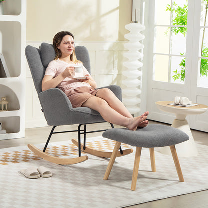 HOMCOM Schaukelstuhl mit Fußhocker, weicher Fleece-Bezug, Holzbeine, Kissen, hohe Rückenlehne, Schaukelsessel, Dunkelgrau