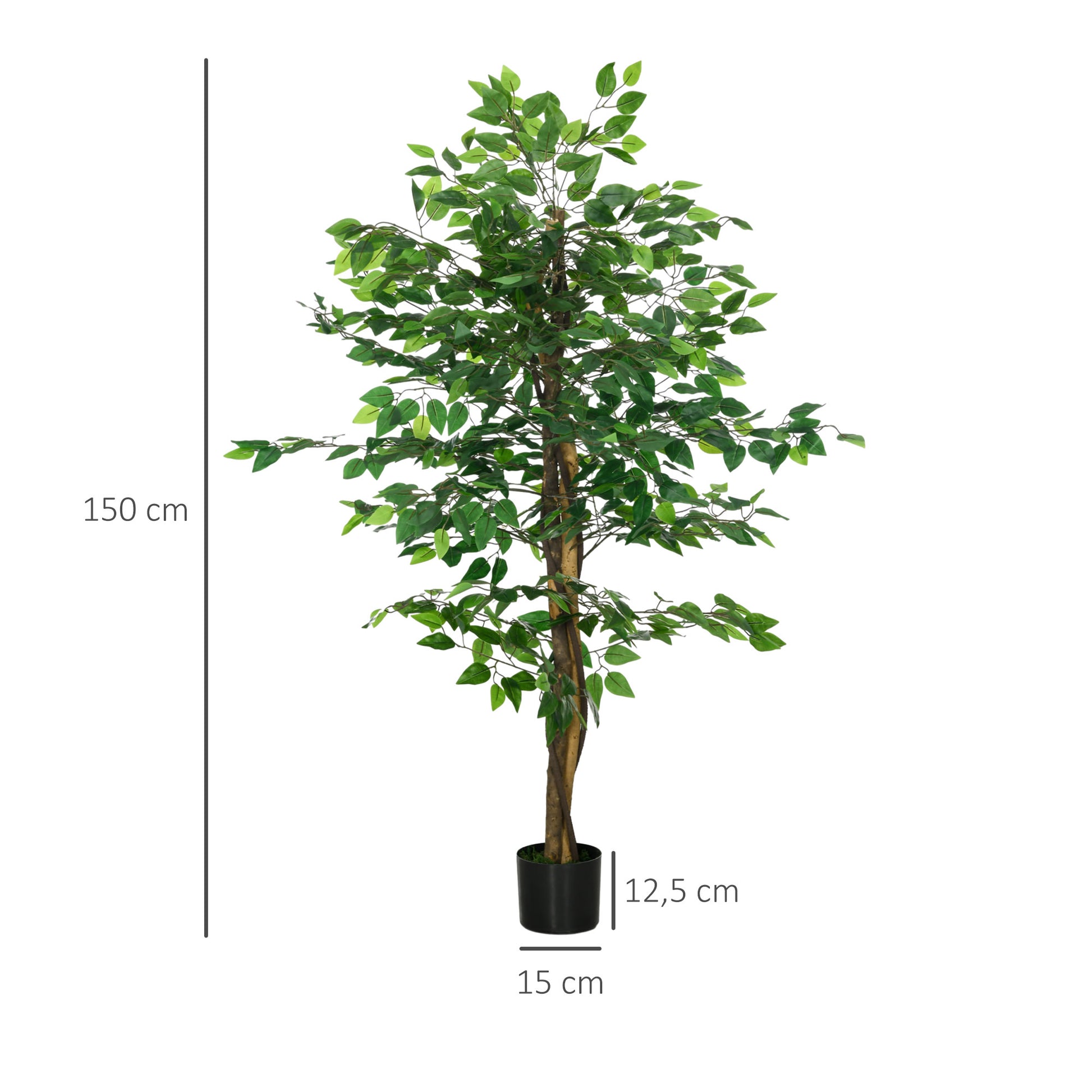 HOMCOM Ficusbaum Kunstpflanze, naturgetreu, 150 cm hoch, mit Topf, Grün