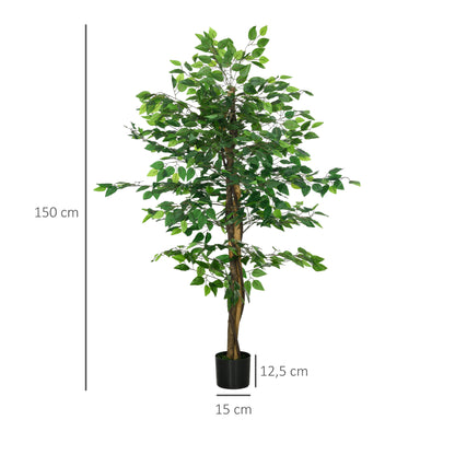 HOMCOM Ficusbaum Kunstpflanze, naturgetreu, 150 cm hoch, mit Topf, Grün