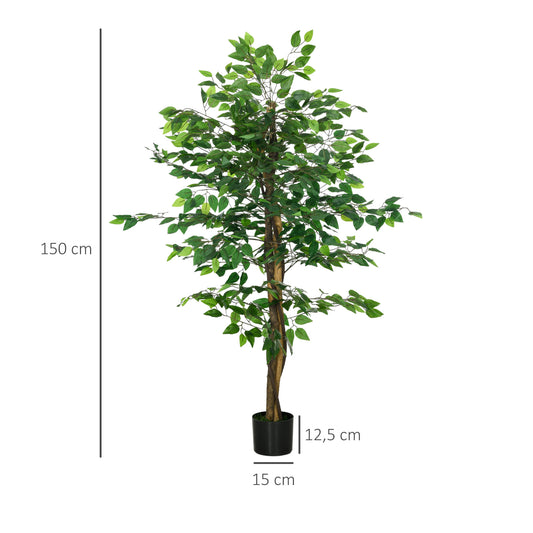 HOMCOM Ficusbaum Kunstpflanze, naturgetreu, 150 cm hoch, mit Topf, Grün