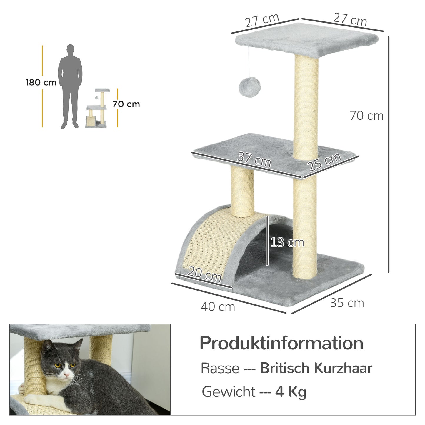 PawHut Kratzbaum 72 cm Katzenturm mit Plüschballen, Sisalstämme, Plattform, Kratzbrett Hellgrau