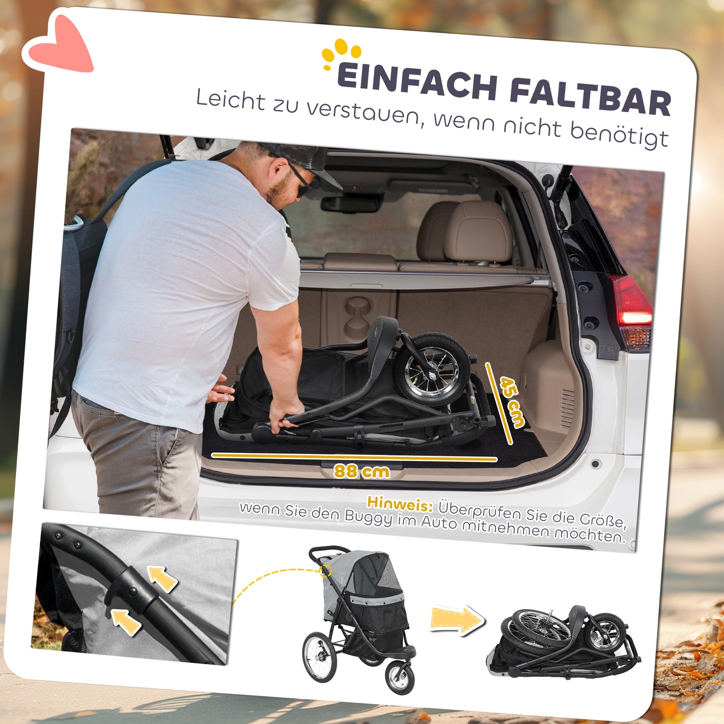 PawHut Hundebuggy, Haustierwagen für kleine Hunde und Katzen, mit Aufbewahrungskorb, Ein-Klick-Faltdesign, Grau