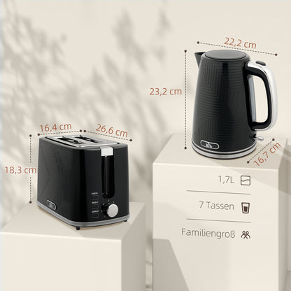 HOMCOM Wasserkocher- und Toaster-Set, 2200W, Otter-Thermostat, 2-Schlitz-Toaster, 7 Bräunungsstufen, Krümelfach, Schwarz