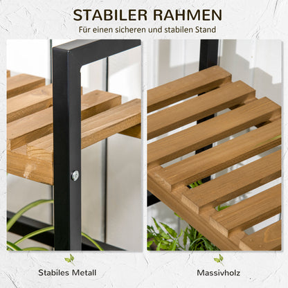 Outsunny Pflanzenregal mit 3 Ebenen und Befestigungshaken, Blumentreppe aus Naturholz, 80 cm x 36 cm x 174 cm, Natur