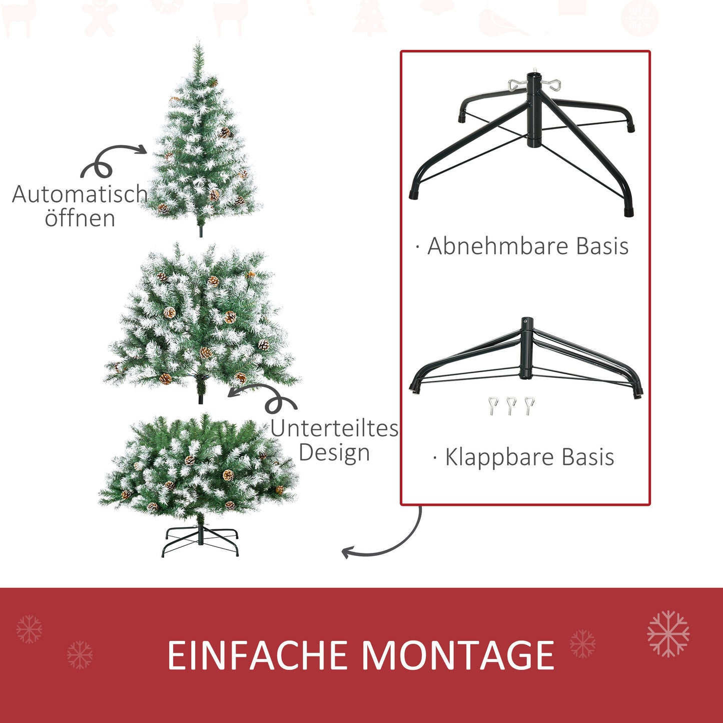 HOMCOM Künstlicher Weihnachtsbaum, 800 Zweige, 61 Zapfen, verschneite Spitzen, feuerfest, 180 cm
