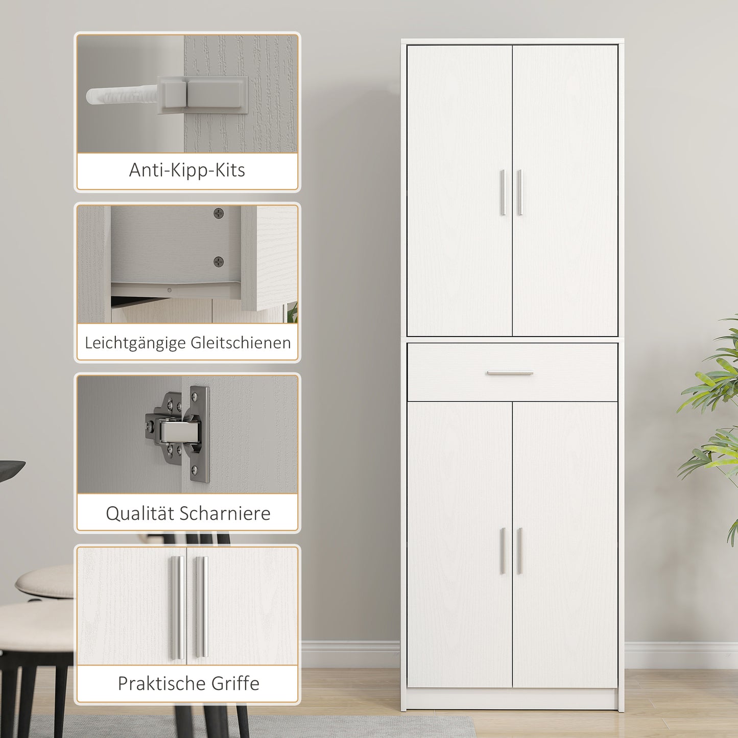 HOMCOM Küchenschrank, 3-stufig verstellbare Regale, Spanplatten, MDF, viel Stauraum, Weiß