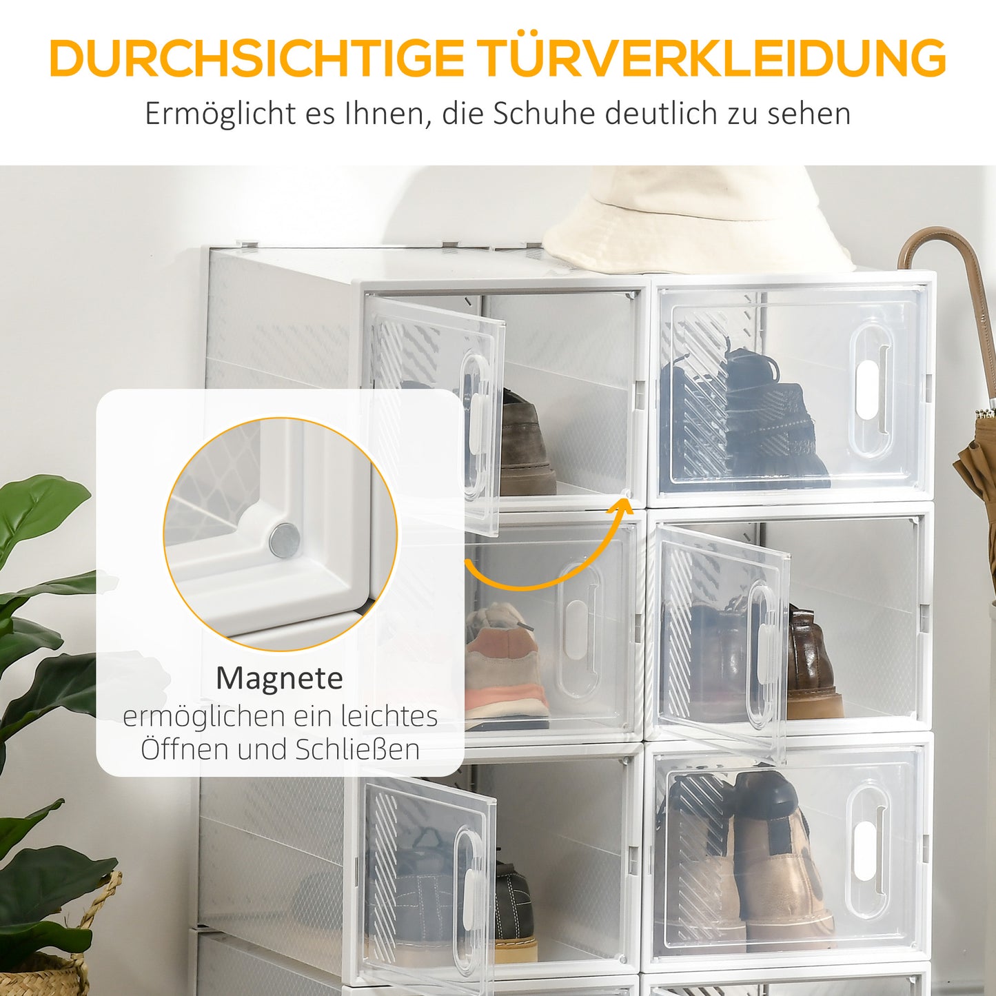 HOMCOM 8-teiliges Schuhregal, stapelbare Schuhboxen für Schuhe bis Größe 46, magnetische Türen, Kunststoff, 28 x 36 x 21 cm