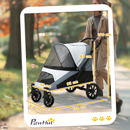 PawHut Hundewagen, Faltbarer Hundebuggy für große Hunde, Haustierwagen mit 4 Rädern, Sicherheitsleinen, Bremsen, Grau